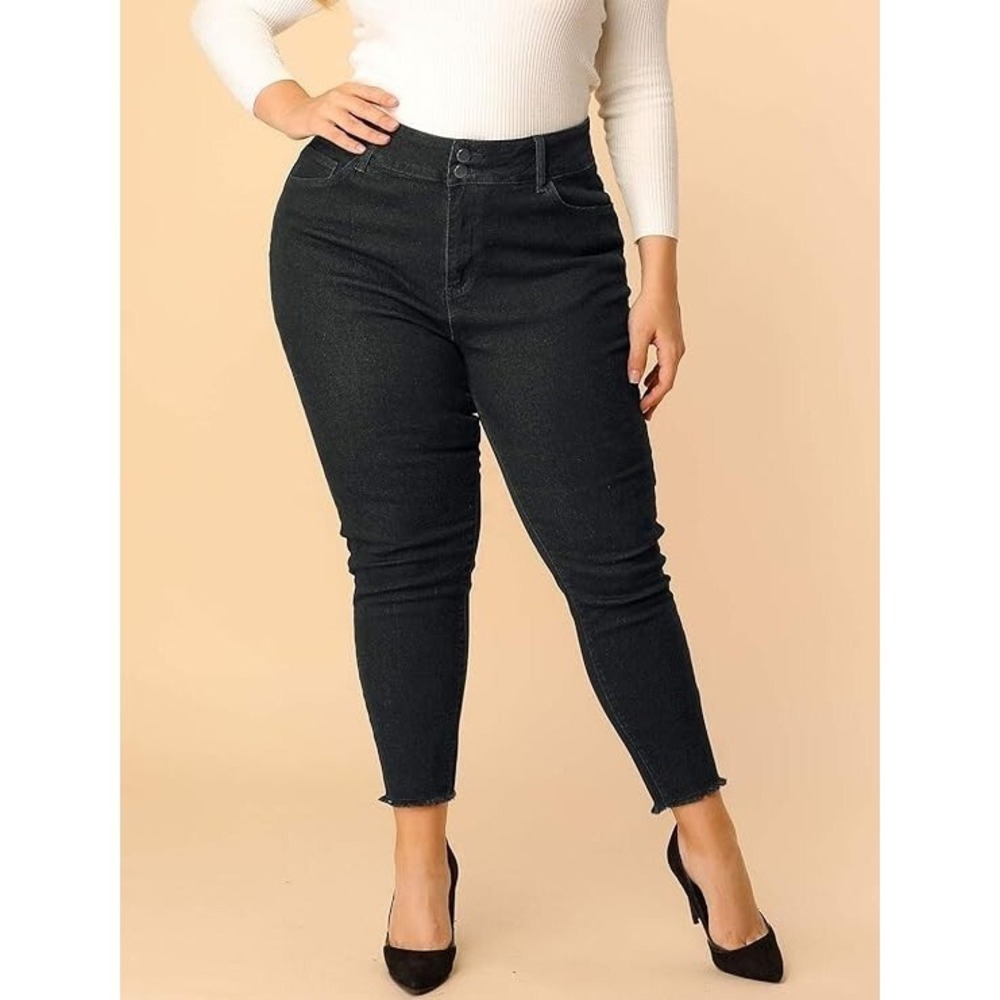 Agnes Orinda Plus Size 1X Women Black Denim Jean Stretchy Frayed Washed Skinny